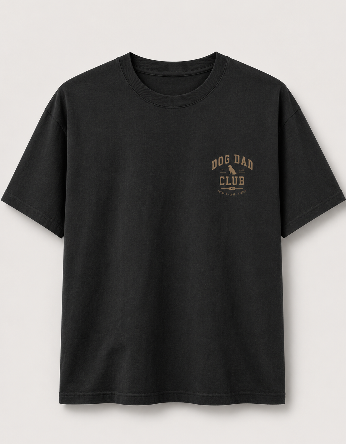 Black t-shirt with 'Dog Dad Club' logo on a light grey background