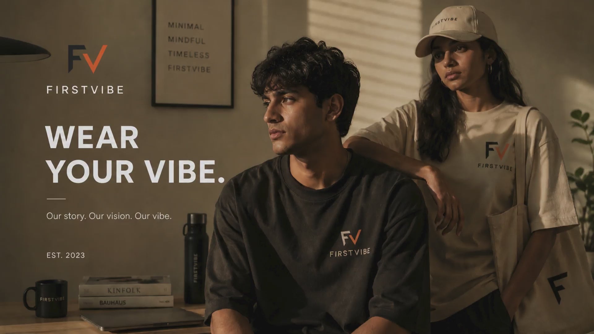 Load video: Cinematic brand story video featuring Firstvibe oversized streetwear, minimalist lifestyle visuals, premium cotton apparel and modern urban fashion aesthetic.